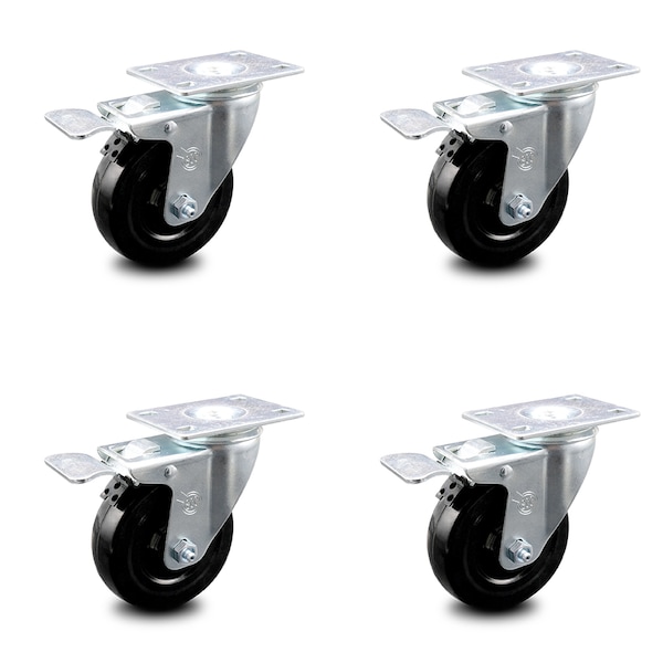 4 Inch Hard Rubber Wheel Swivel Top Plate Caster Set with Total Lock Brake SCC